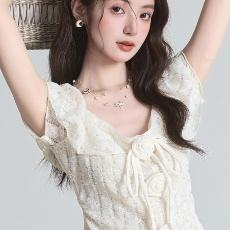 French Style Three-dimensional Flower Strap Short Sleeve