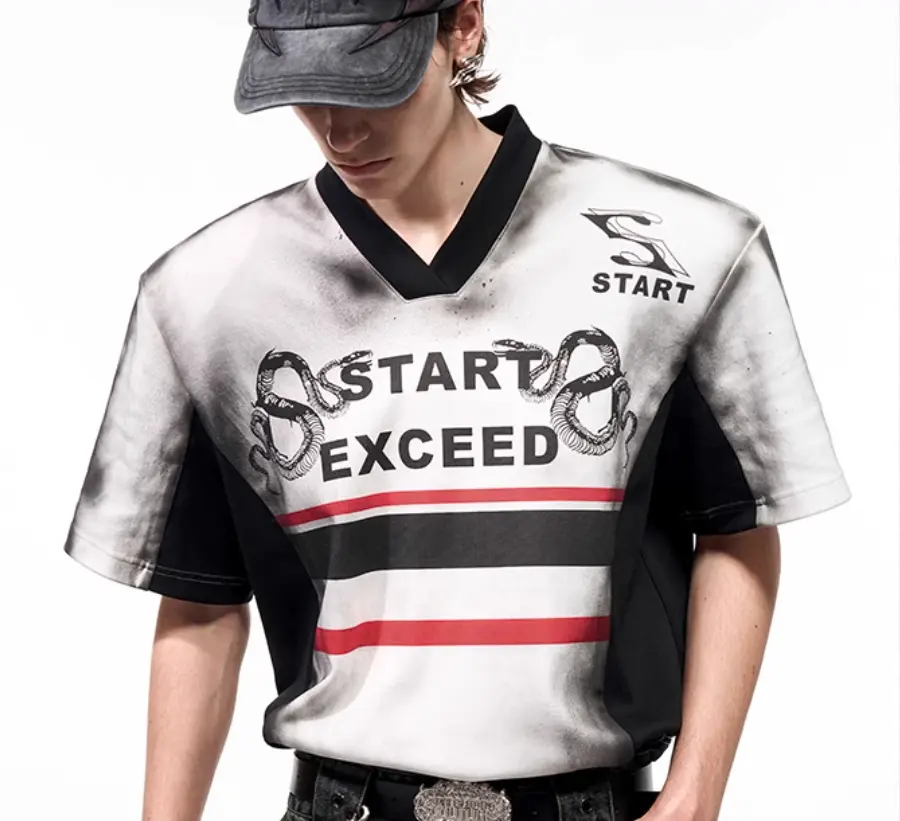 V-neck Letter Snake Pattern Printed Padded Shoulder Short Sleeve