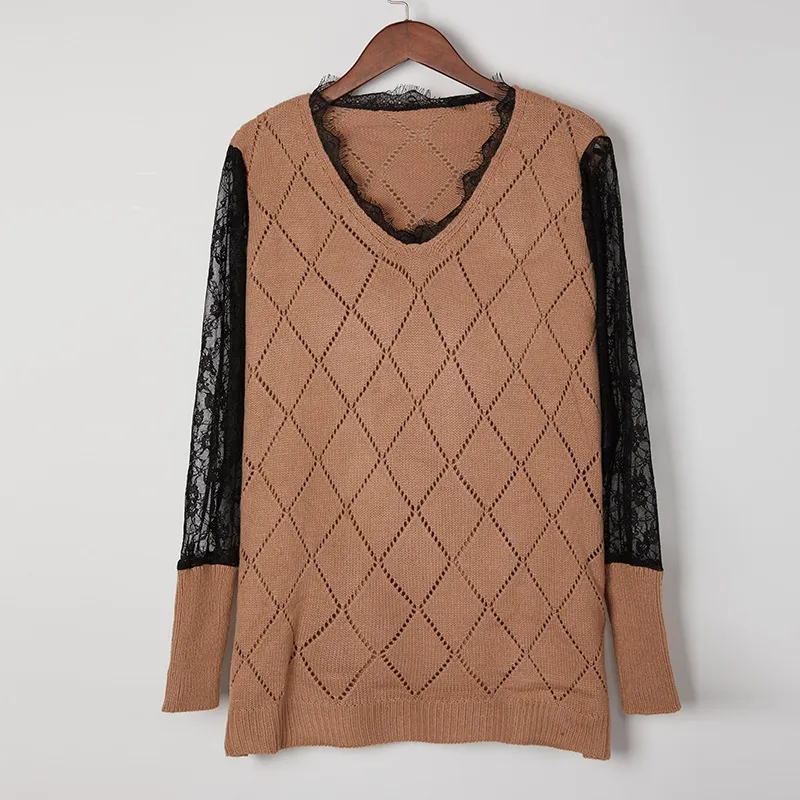 Popular Knitted Lace Bottoming Top V-neck Sweater For Women - Khaki