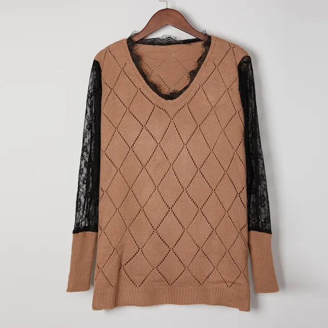 Popular Knitted Lace Bottoming Top V neck Sweater For Women Khaki - Shop at LoveMi