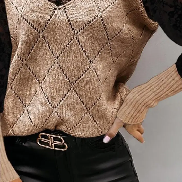 Popular Knitted Lace Bottoming Top V-neck Sweater For Women