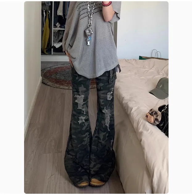 American Retro Camouflage Ripped Skinny Jeans High Quality Version L - Shop at LoveMi