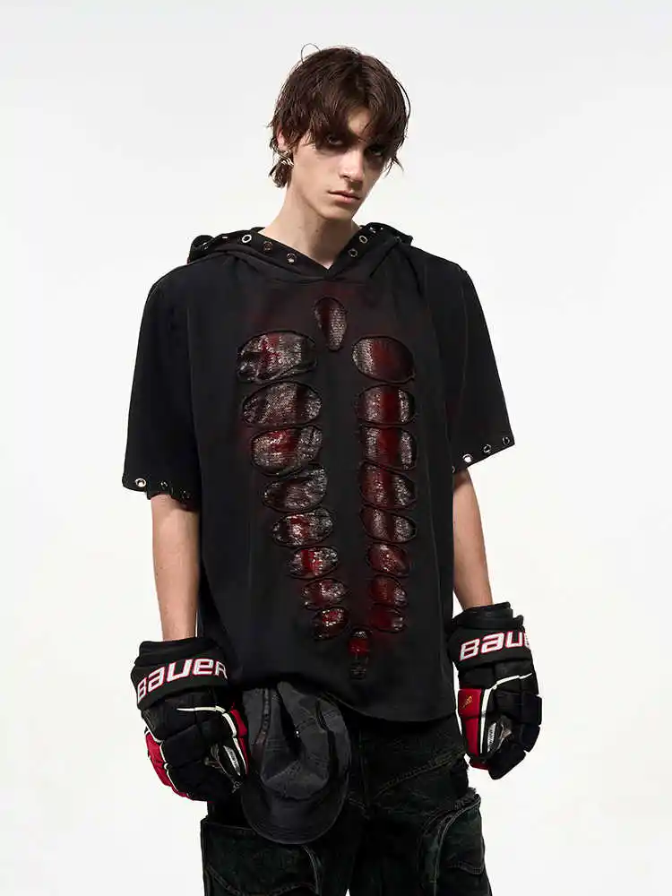 Hooded Short-sleeved Men's Cut Sequins Loose-fitting T-shirt