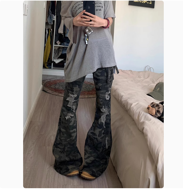 American Retro Camouflage Ripped Skinny Jeans