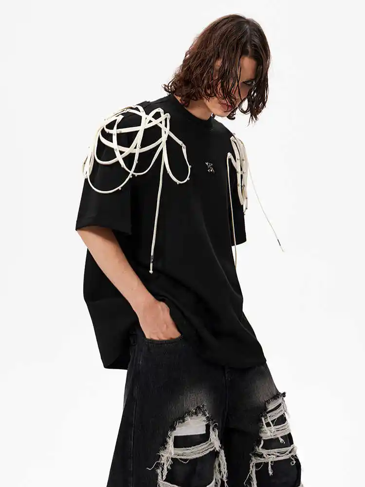 Rivet Ribbon Padded Shoulder Short-sleeved T-shirt