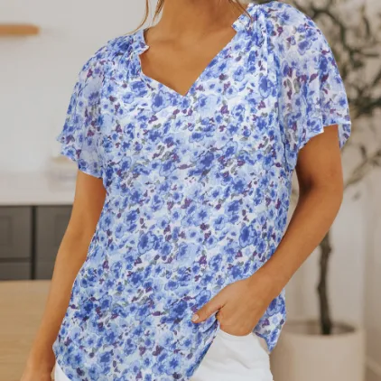 Blue Flutter Sleeve V Neck Floral Summer Blouse Blue - Shop at LoveMi