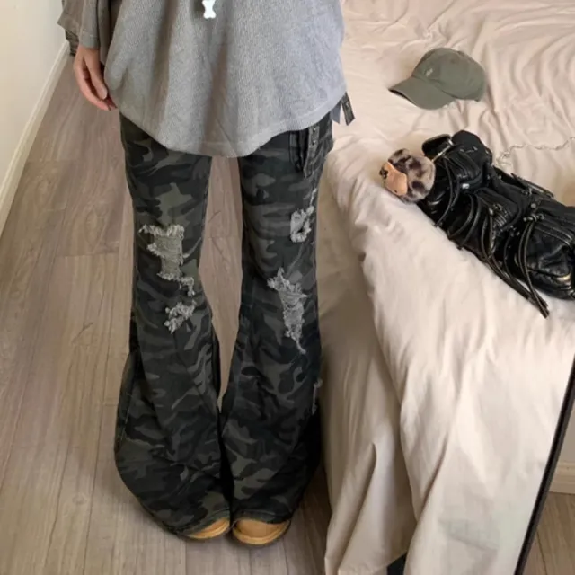 American Retro Camouflage Ripped Skinny Jeans Regular Pattern - Shop at LoveMi