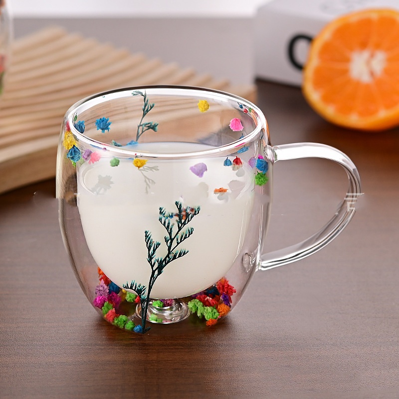 Creative Real Flower Heat-resistant Double Layer Glass Cup