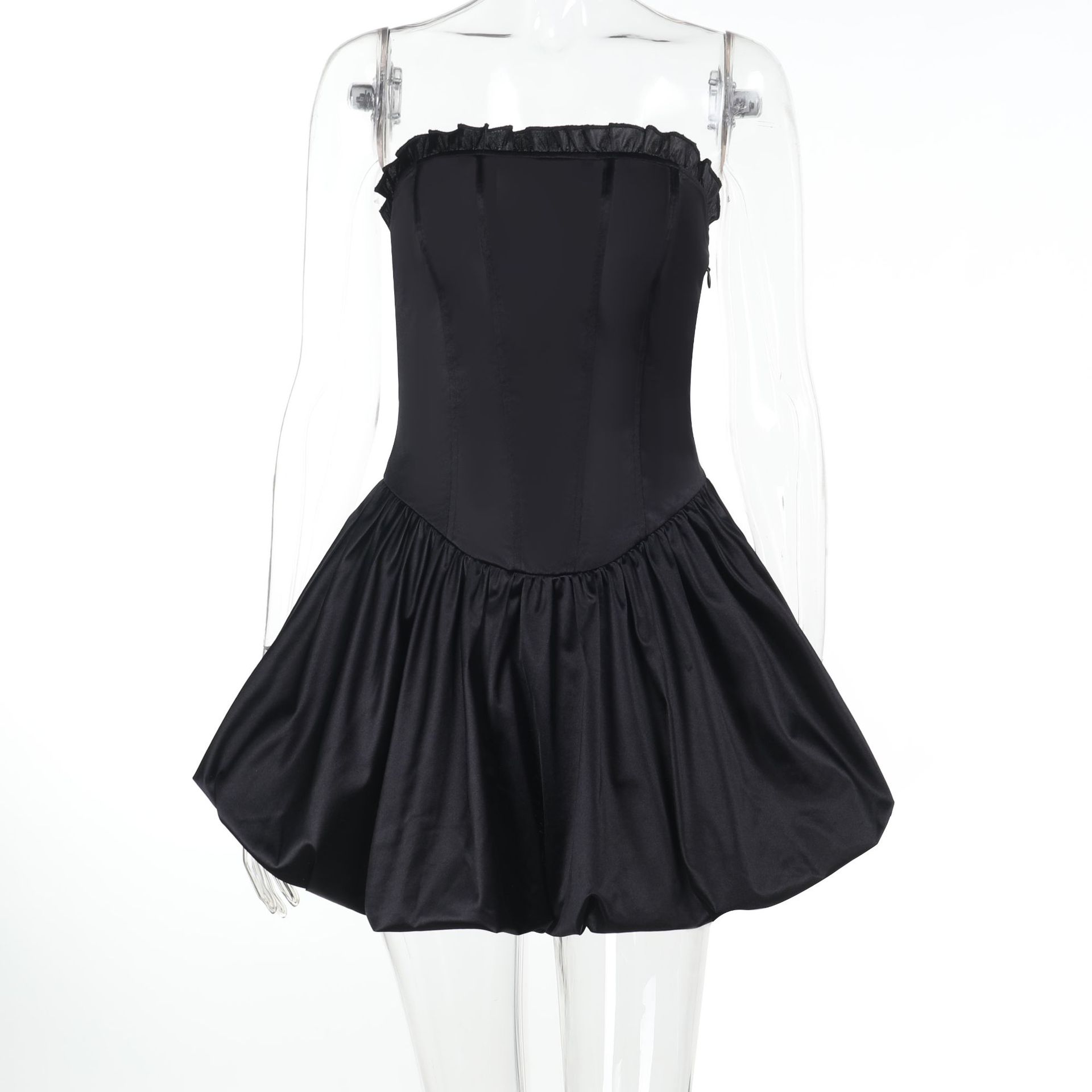 Satin Ruffled Tube Top Dress Waist