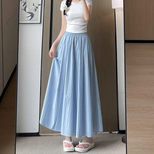 High Waist Slimming A Line Skirt Casual Small Ice Silk Wide leg Pants Blue - Shop at LoveMi