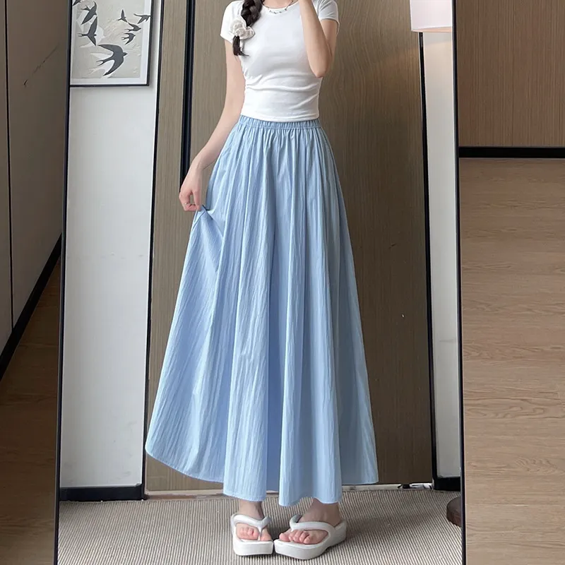 High Waist Slimming A- Line Skirt Casual Small Ice Silk Wide-leg Pants - Blue