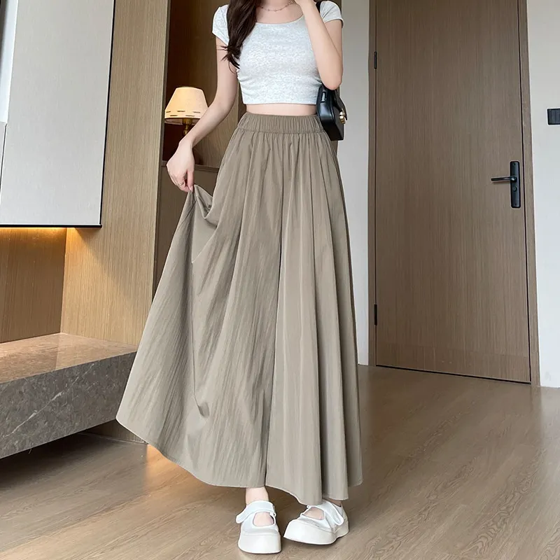 High Waist Slimming A- Line Skirt Casual Small Ice Silk Wide-leg Pants - Pickle Color Common Style