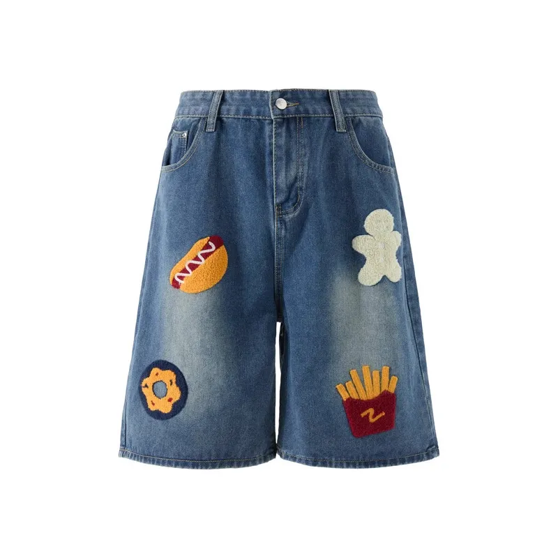 Creative Towel Embroidery Denim Shorts Male And Female Trendy Brand High Street Straight Shorts - Blue