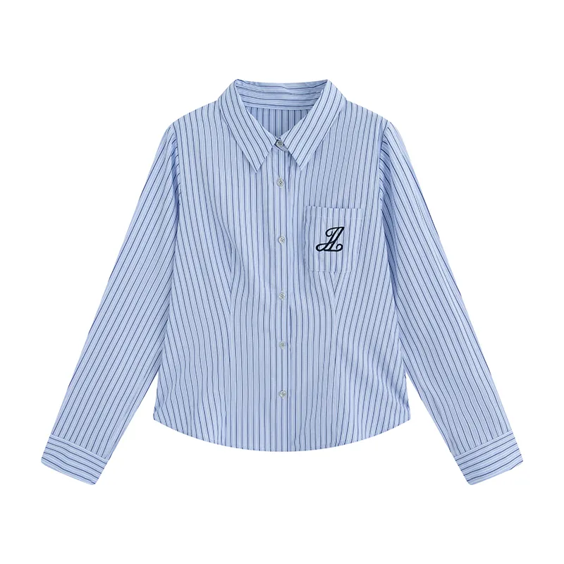 Preppy Style Lapel And Waist Tight Figure Flattering Long Sleeve Shirt - Blue Stripes