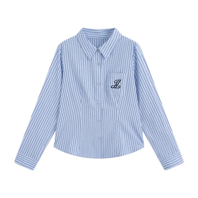 Preppy Style Lapel And Waist Tight Figure Flattering Long Sleeve Shirt Blue Stripes - Shop at LoveMi