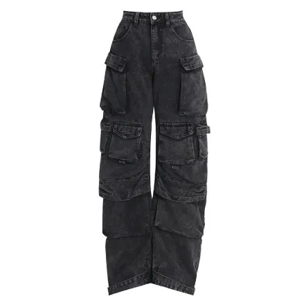 Fashion High-waisted Personalised Stitching Denim Trousers - Black