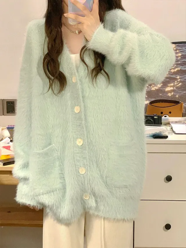 Soft And Lazy Milk Style Sweet Mink Fur Sweater Jacket For Women Green - Shop at LoveMi