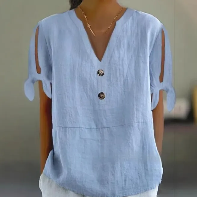 Women's Solid Color And V-neck Button Fashion Shirt Cotton And Linen Top - Blue