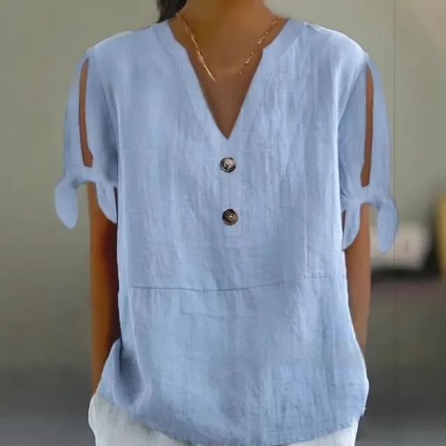 Women's Solid Color And V neck Button Fashion Shirt Cotton And Linen Top Blue - Shop at LoveMi