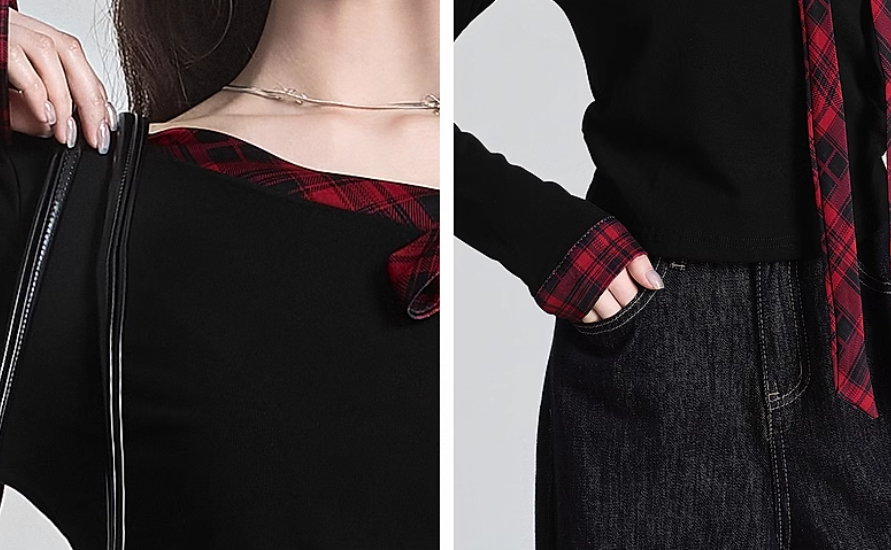 Red Plaid Stitching Bow Shoulder T-shirt