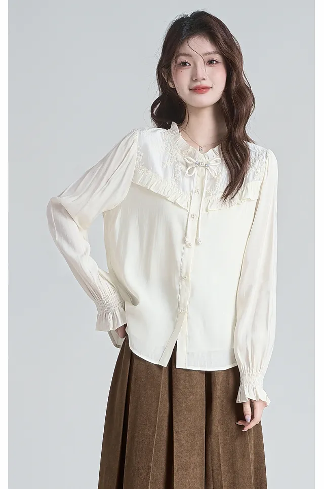 Women's Design Bow Shirt Apricot Color - Shop at LoveMi