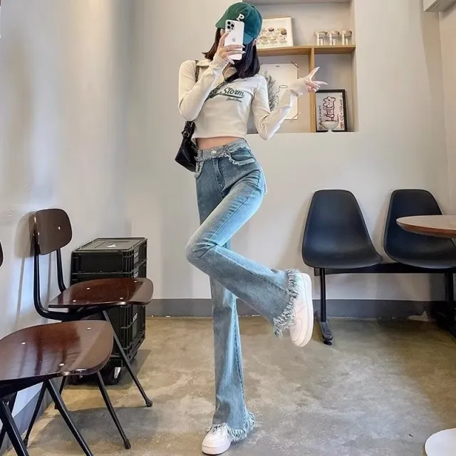 Light Color Frayed Flared Pants Women's Jeans Light Blue - Shop at LoveMi