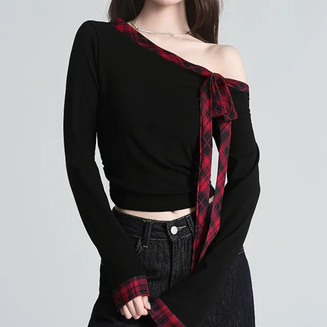 Red Plaid Stitching Bow Shoulder T shirt Black - Shop at LoveMi