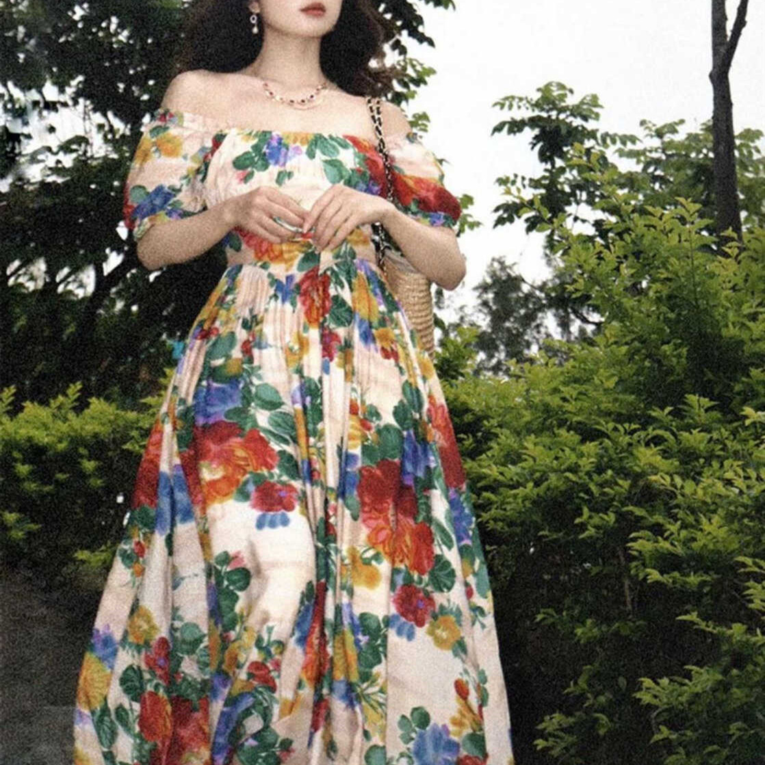 Vintage Oil Painting Printing Dress Women
