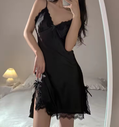 Satin Chiffon Slip Nightdress Hot Temptation Home Wear Pure Desire Black Without Chest Pad - Shop at LoveMi