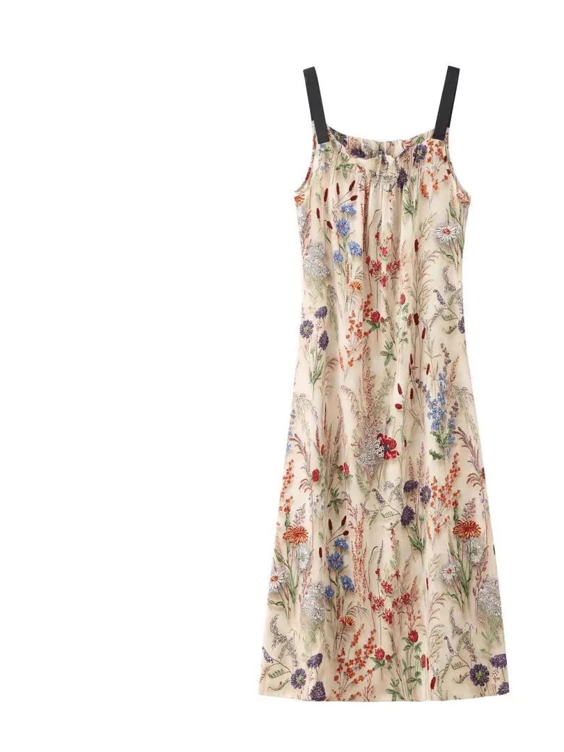 Loose Long Dress Printed, Female Satin Sleeveless - Lavender