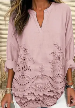 Loose V neck Printed Long Sleeved Shirt Pink - Shop at LoveMi