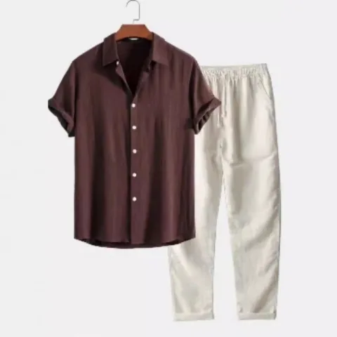 Men's Casual Loose Short Sleeve Shirt Pants Suit