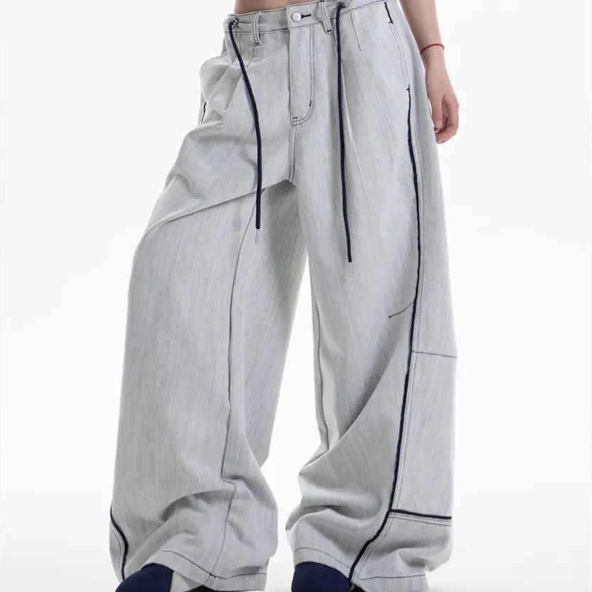 Stitching Contrast Colour Wide-leg Loose Casual Pants - Light Blue