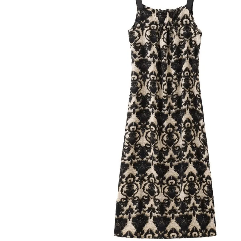 Loose Long Dress Printed, Female Satin Sleeveless - Black Pine Flower