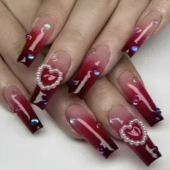Pearl Heart Wine Red Gradient Wear Fake Nail Tip - D009 Wine Red Love - View 1