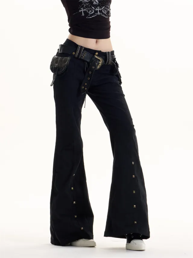 Black Weila Slimming Washed Denim Army Green Design Sense Bell bottom Pants Black - Shop at LoveMi