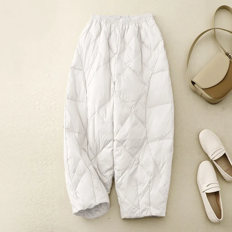 Outer High-end Loose Quilted High Waist Pants - White