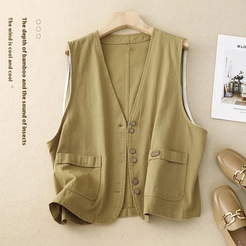 Women's Short Korean-style Retro Cotton And Linen Vest - Khaki