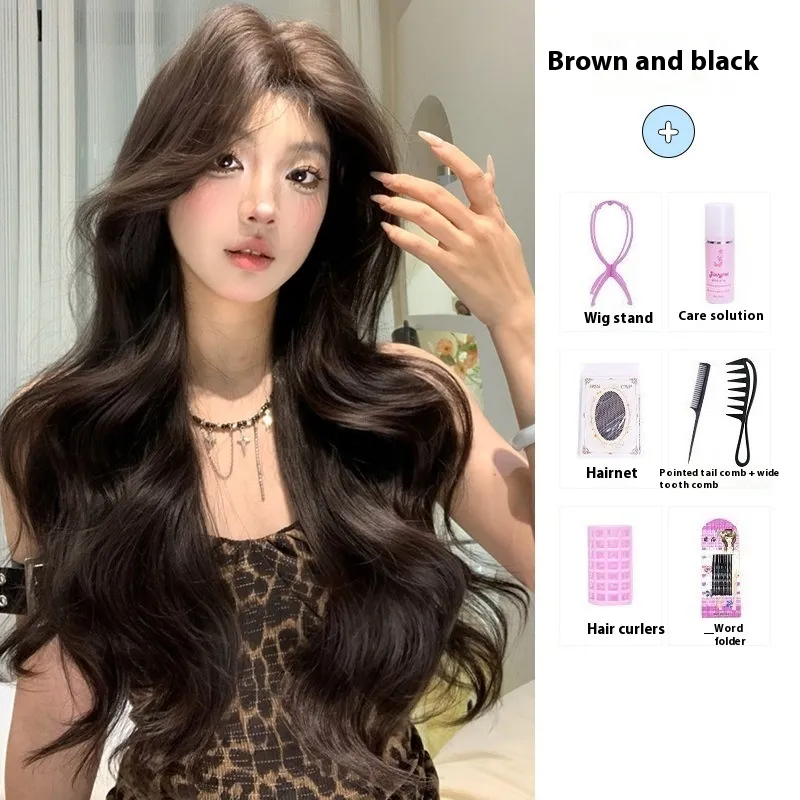 Female Full Head Daily Internet Celebrity Long Curly Wig - Brown Black Seven Pieces