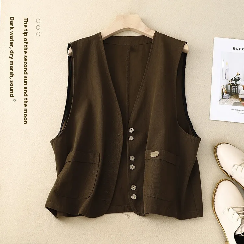Women's Short Korean-style Retro Cotton And Linen Vest - Brown