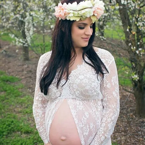 Pregnant Women's Sexy Front Cardigan Long Sleeve Lace Dress White - Shop at LoveMi