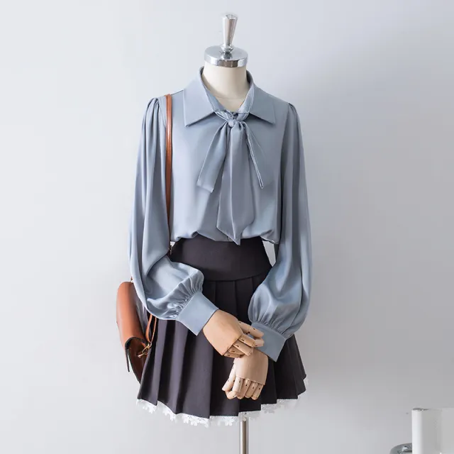 White Satin Bow Lapel Shirt For Women Grayish Blue - Shop at LoveMi