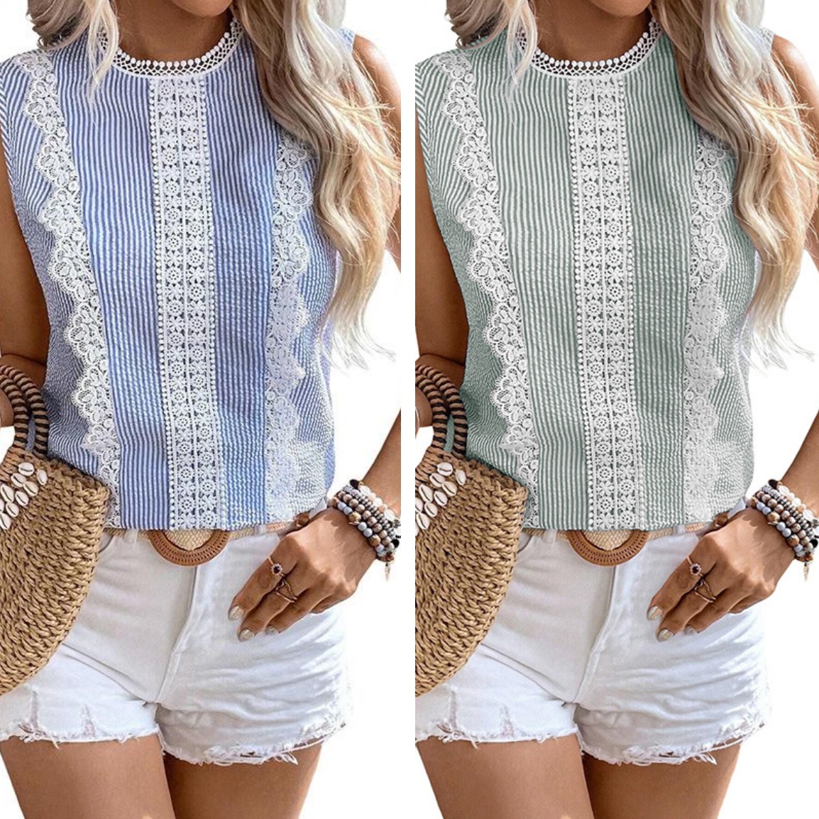 Lace Stitching Sleeveless Striped Color Vest For Women