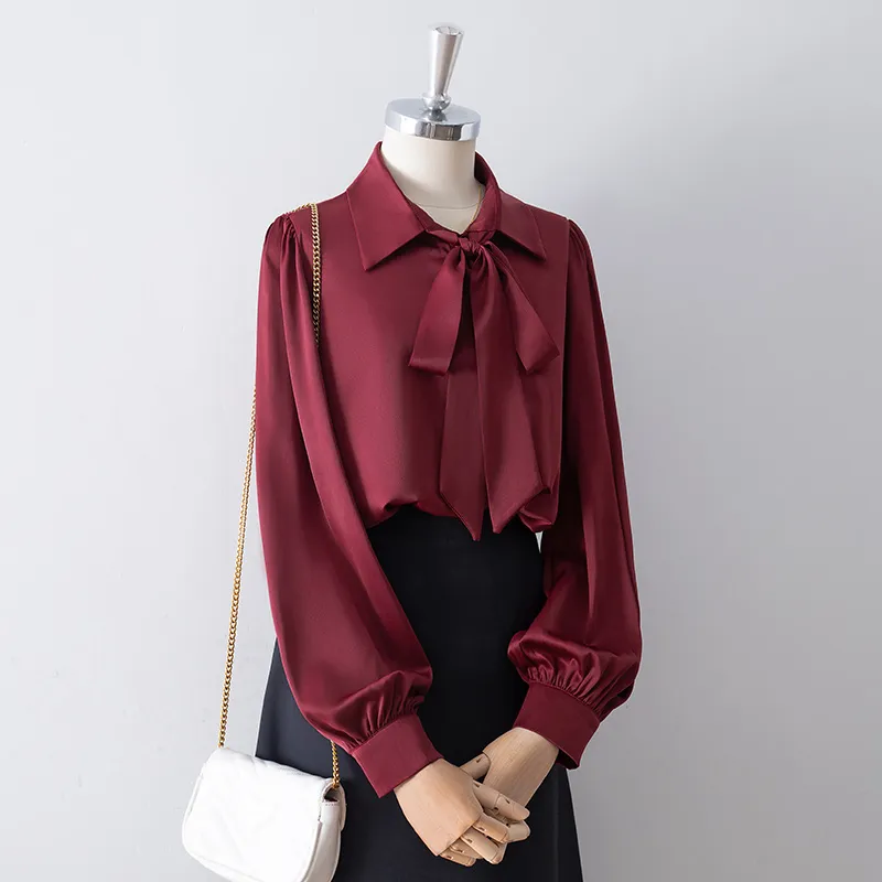 White Satin Bow Lapel Shirt For Women - Red