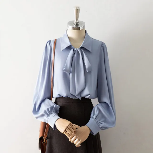 White Satin Bow Lapel Shirt For Women Blue - Shop at LoveMi