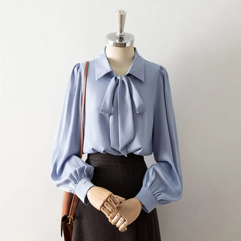 White Satin Bow Lapel Shirt For Women - Blue