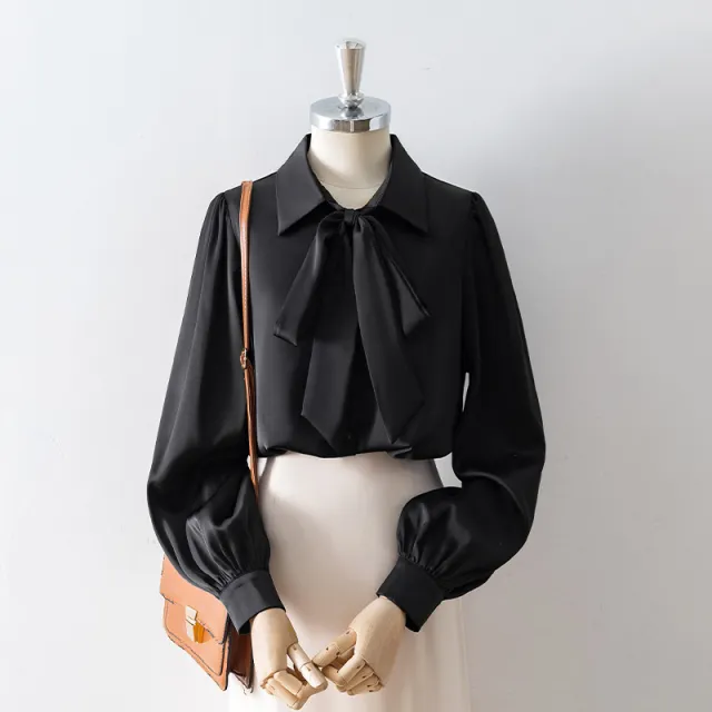 White Satin Bow Lapel Shirt For Women Black - Shop at LoveMi