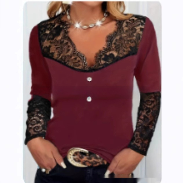 Women's Fashion Lace Solid Color Casual Top Red - Shop at LoveMi