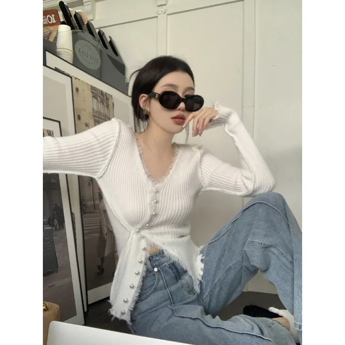V-neck Sweater Solid Colour Slim Fit Sunken Stripe Thick Burr Design Knitted Cardigan For Women - White - View 1