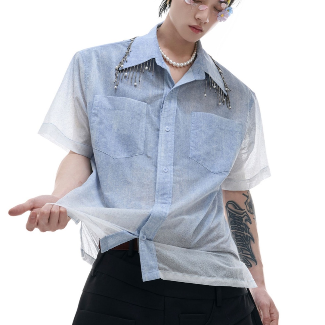 $67.03 Men's Loose Blue And White Gradient Short Shirt